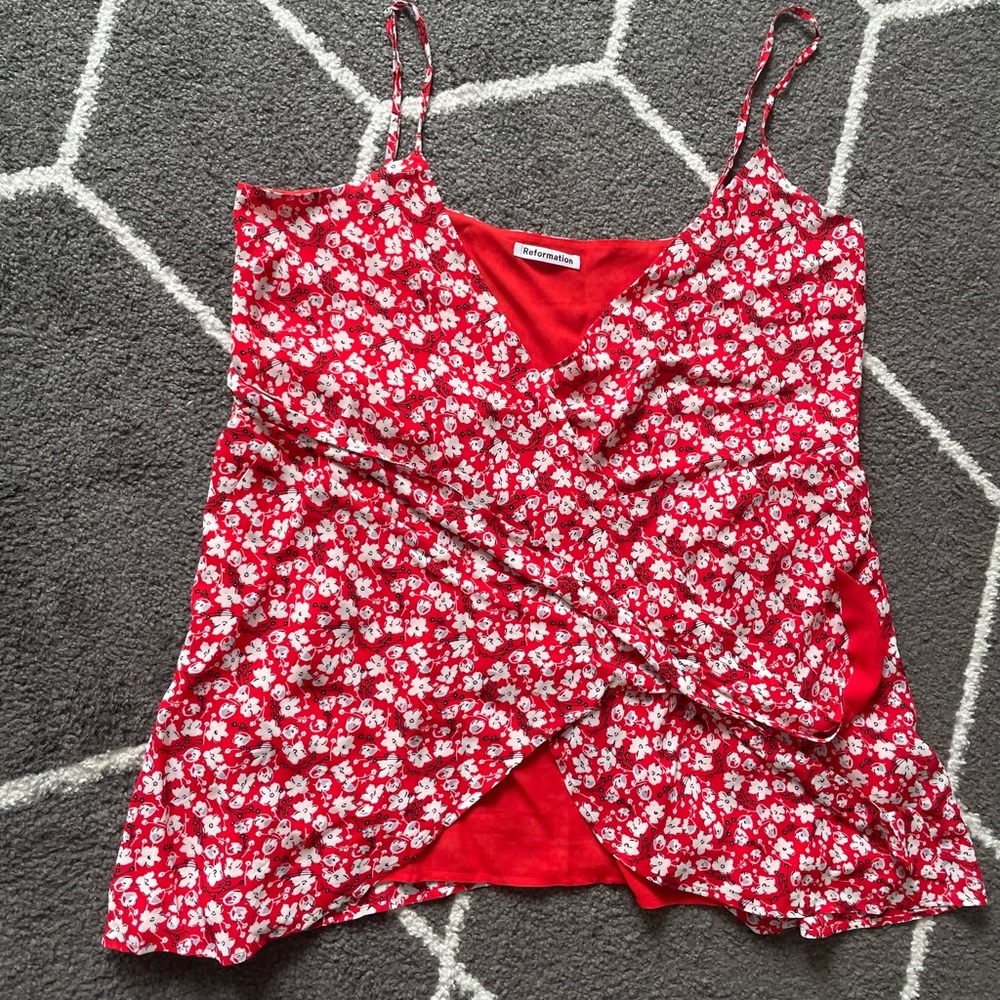 Reformation red and white floral wrap mini dress